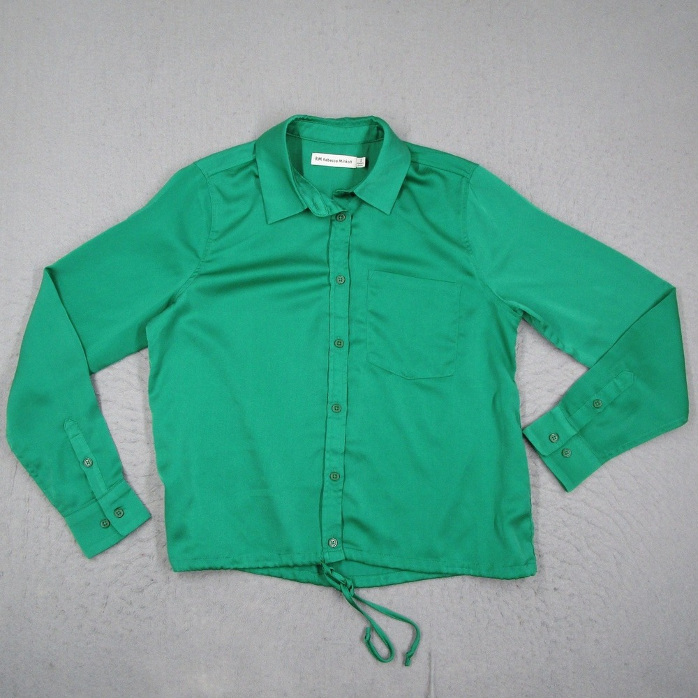 RM Rebecca Minkoff Green Button Down Shirt Womens Small Drawstring Hem Blouse